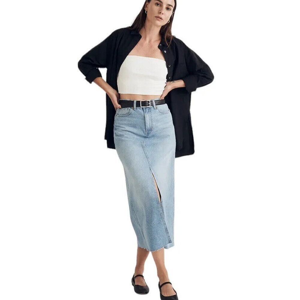 Madewell Women's Denim Maxi Skirt Size 32 Blue Front Slit 100% Cotton 90's Style